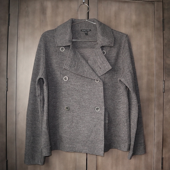 Eileen Fisher Felted 96% Merino Wool Pea Coat Sweater M Medium Charcoal Pockets - Picture 3 of 10